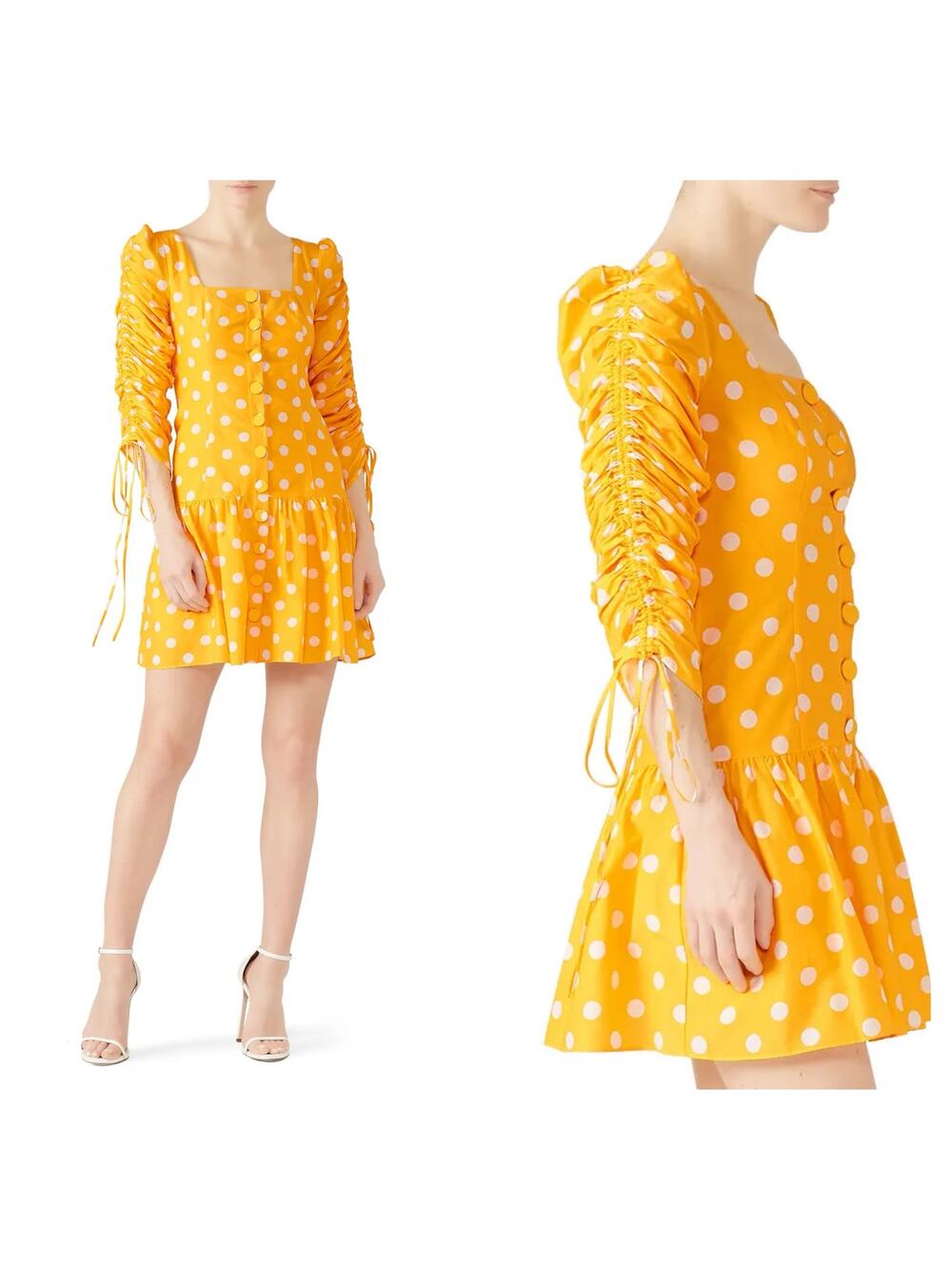 Nicholas Yellow Polka Dot Ruched Sleeve Dress Size 10 Button Front Mini